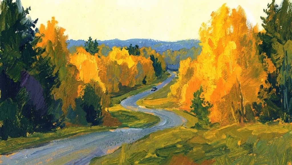 Impressionist painting of a road through an autumn landscape